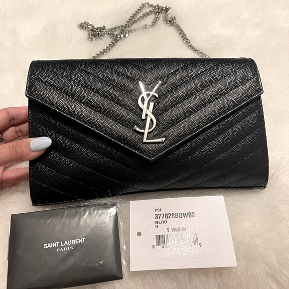 Yves Saint Laurent Handbags - SAINT LAURENT MONOGRAM CHAIN WALLET IN GRAIN DE POUDRE EMBOSSED LEATHER